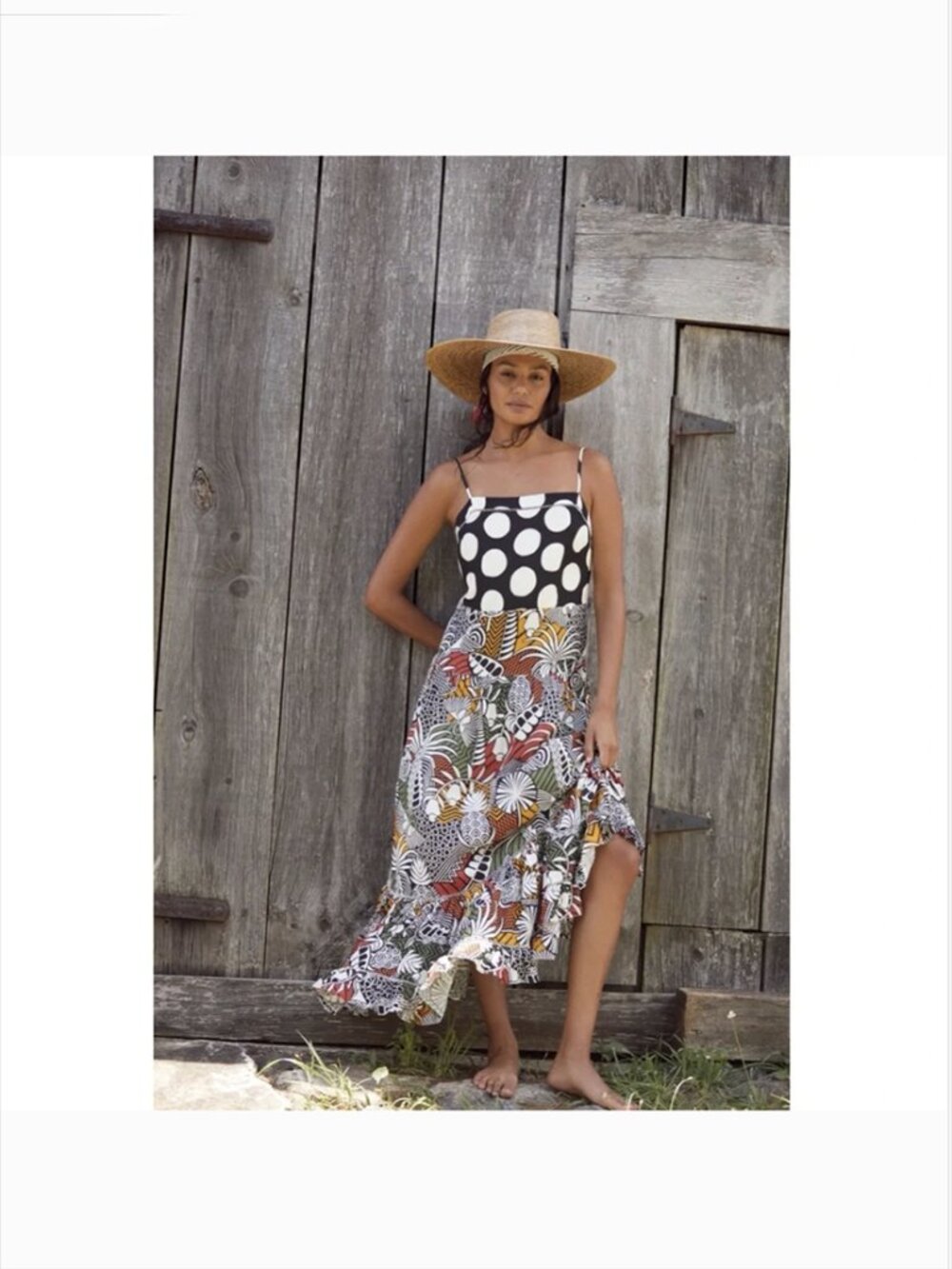 Farm Rio Anthropologie Tiered Cover-Up Maxi Dress L Mixed Jungle Polka Dot Print